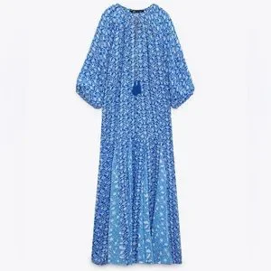 Zara Dresses Zara Bluewhite Boho Floral Dotted Mesh Printed